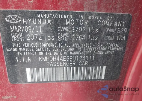 2011 Hyundai Elantra Gls Pzev z USA, uszkodzony, nr VIN KMHDH4AE6BU124311
